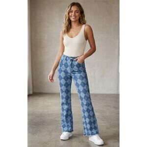 NO BOUNDARIES Argyle Flare Jeans High Rise Flare Boho Botton Blue Denim Pants 1